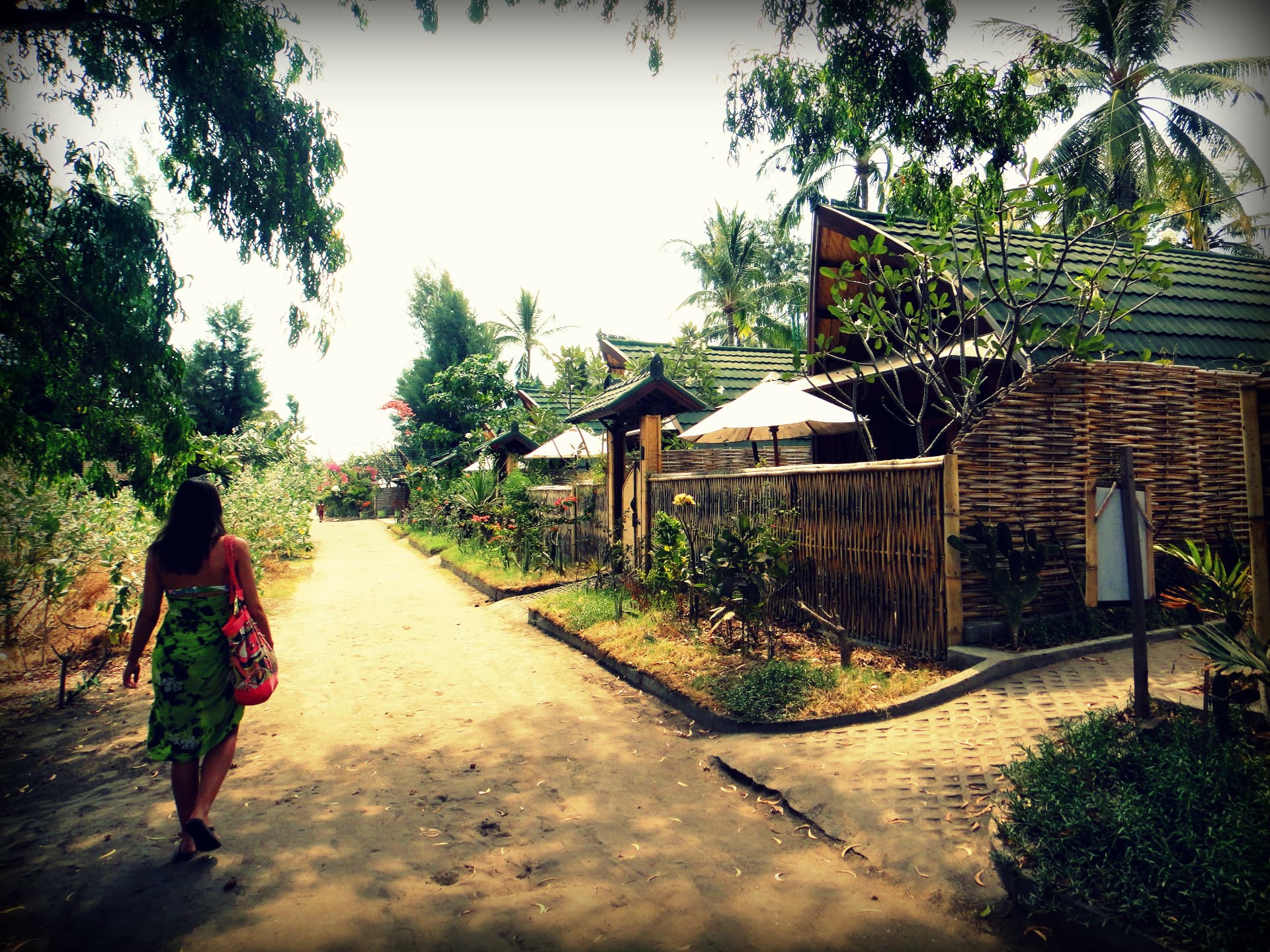 A sandy path lined with bamboo bungalows and palm trees on the Gili Islands