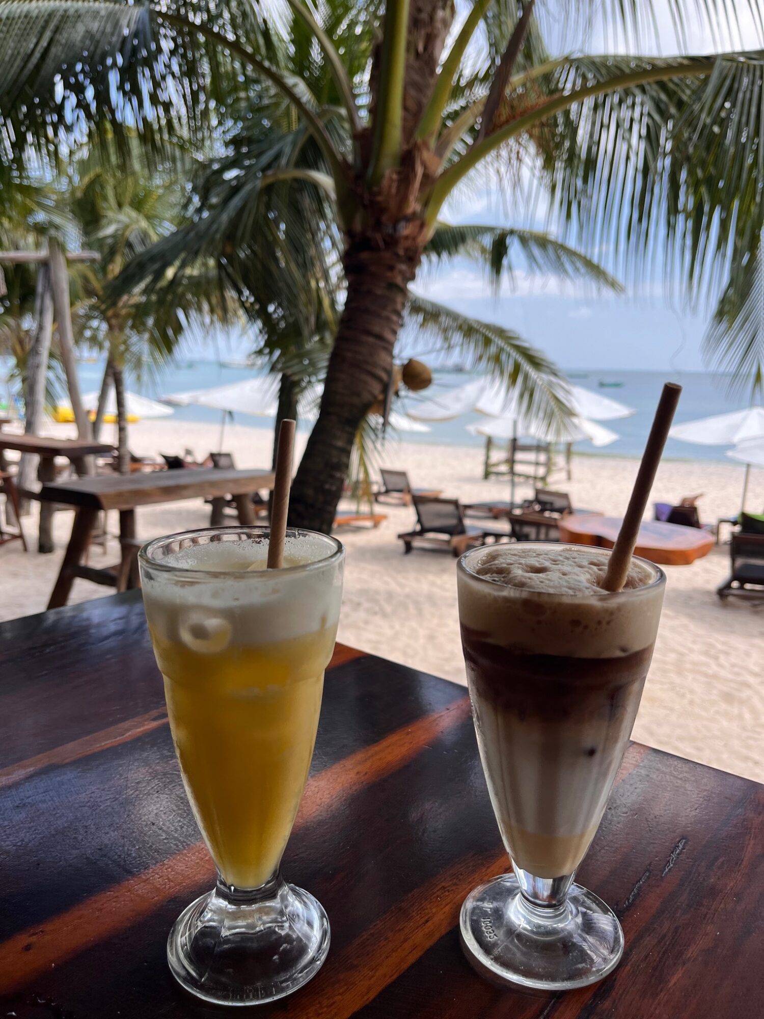 Two cold drinks on a table at Sao Beach Bar on Bãi Sao 1, Phu Quoc