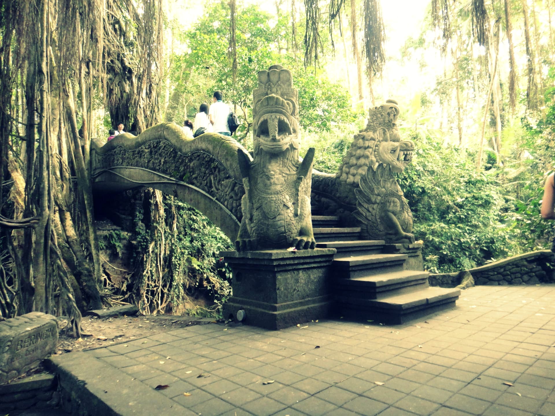A mossy stone dragon bridge beneath banyan trees in the Ubud Monkey Forest