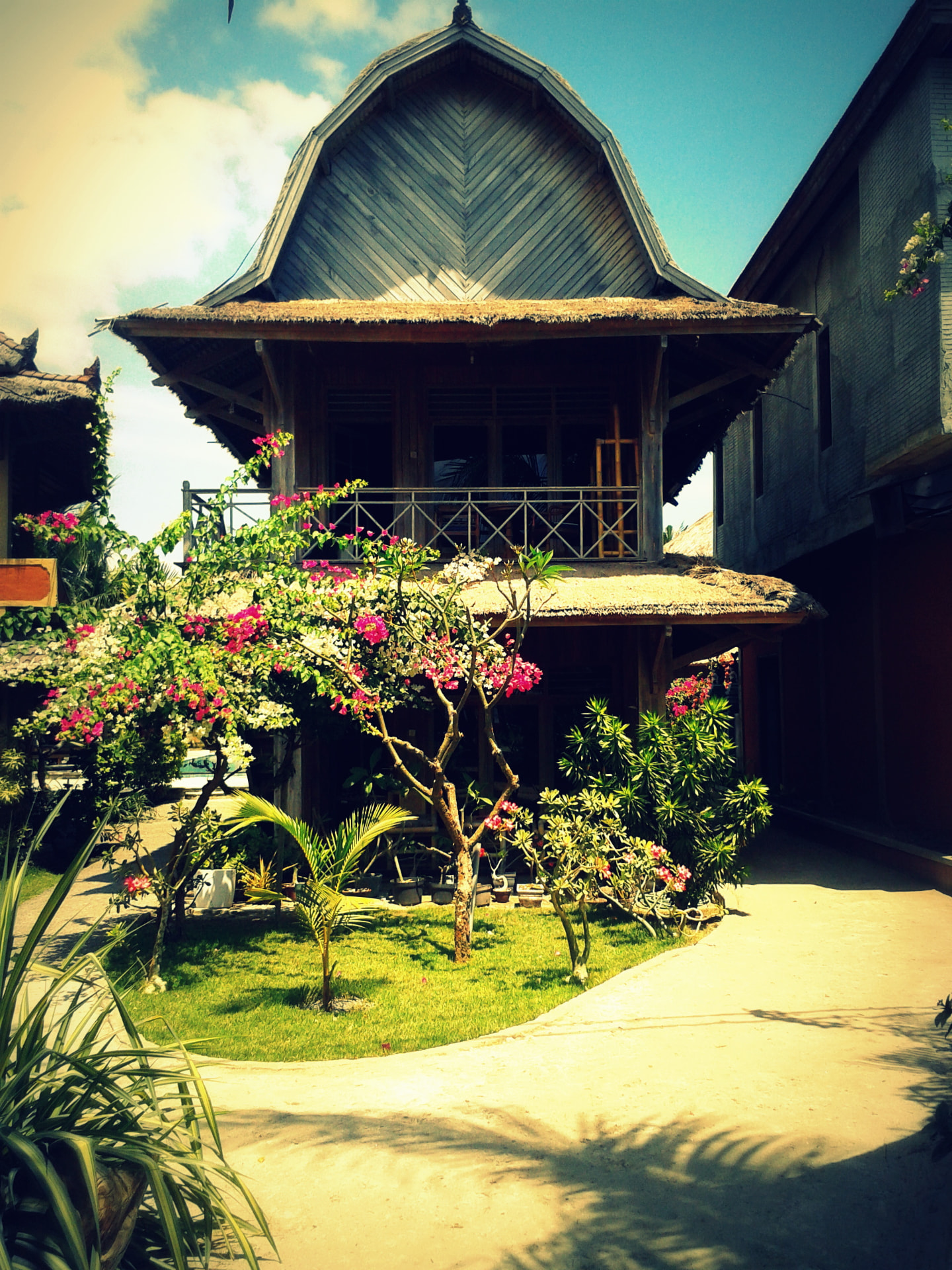 A traditional wooden Balinese guesthouse with a thatched roof and bougainvillea in the garden