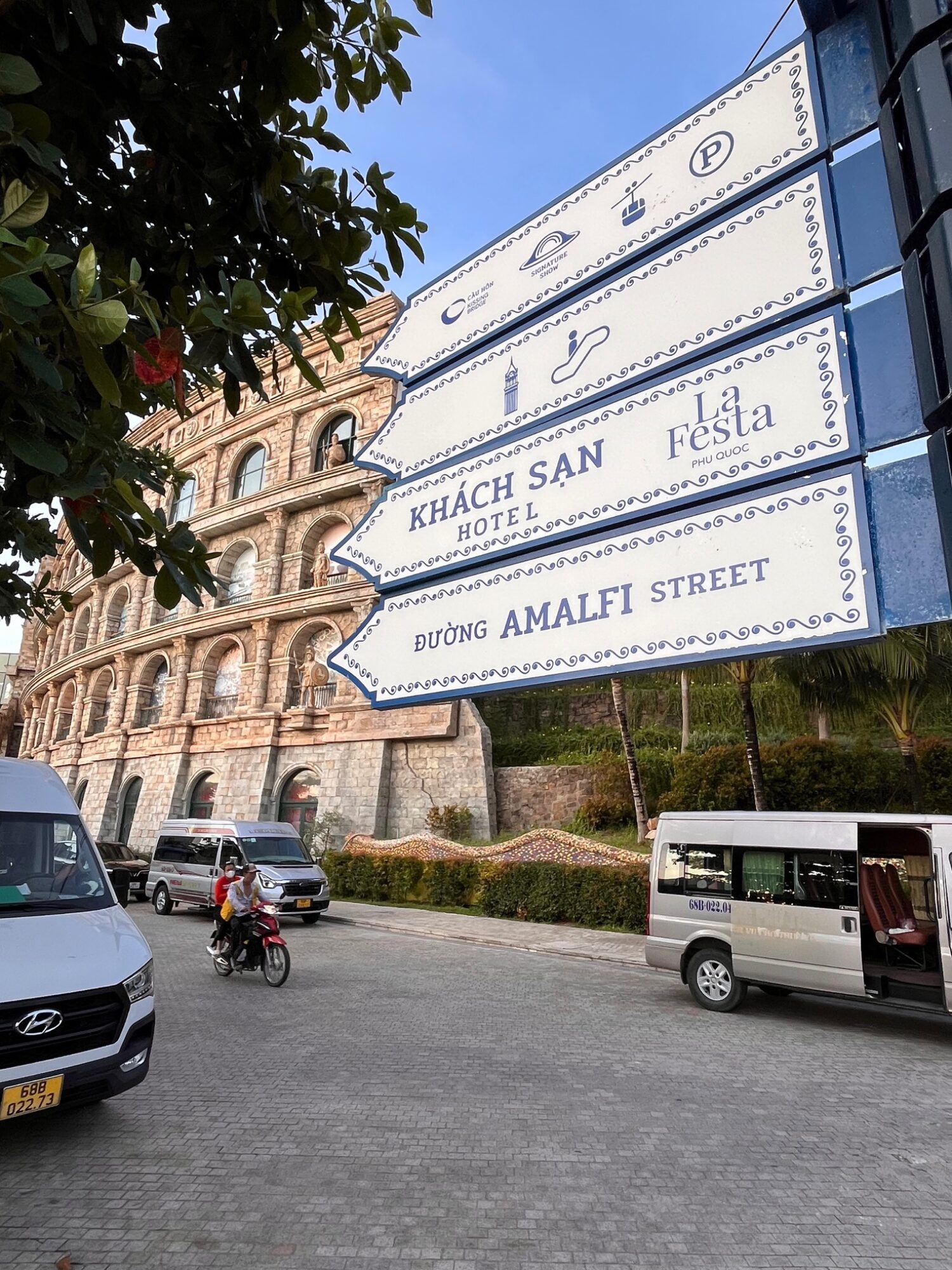 Amalfi Street direction sign beside Italian-style buildings in Sunset Town on Phu Quoc