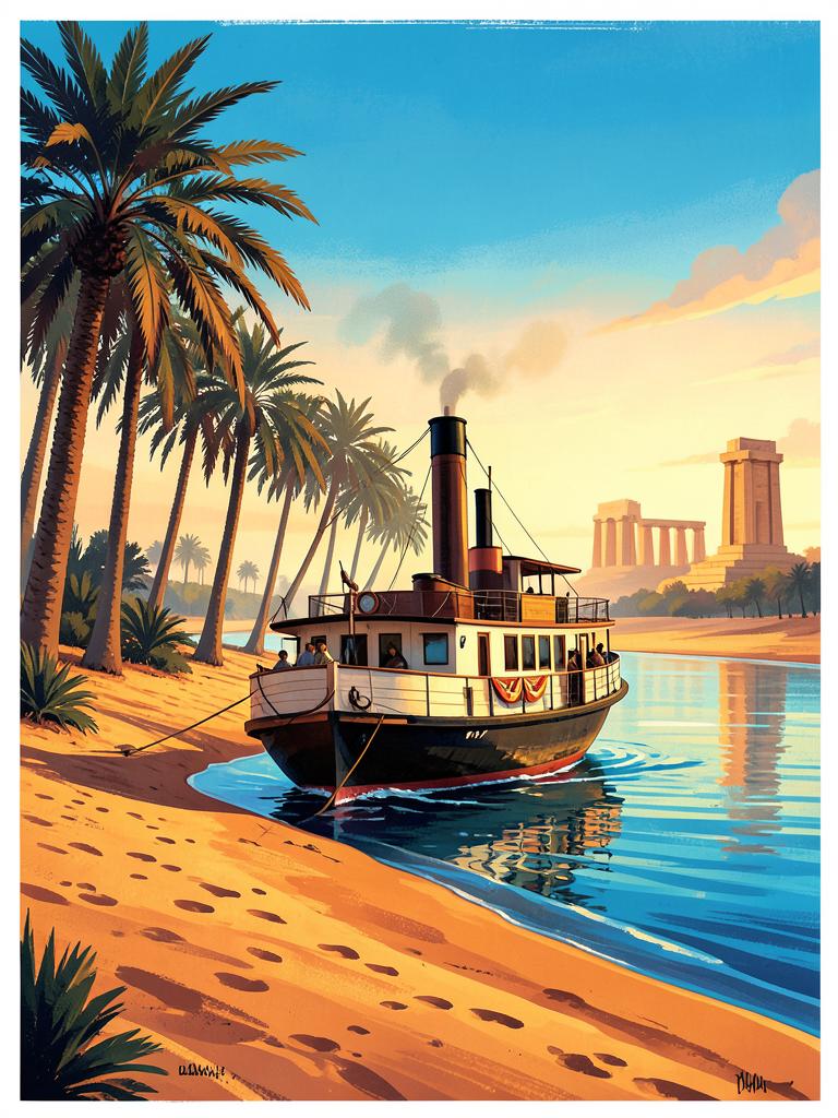 AI-generated travel illustration inspired by Death on the Nile and its destination