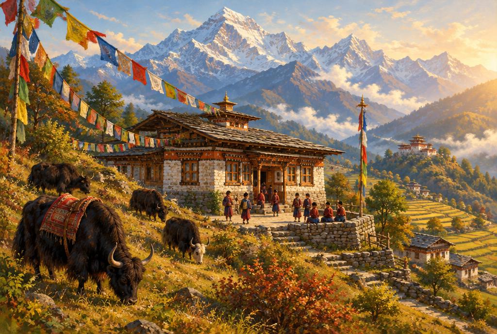 AI-generated travel illustration inspired by Lunana: A Yak in the Classroom and its destination