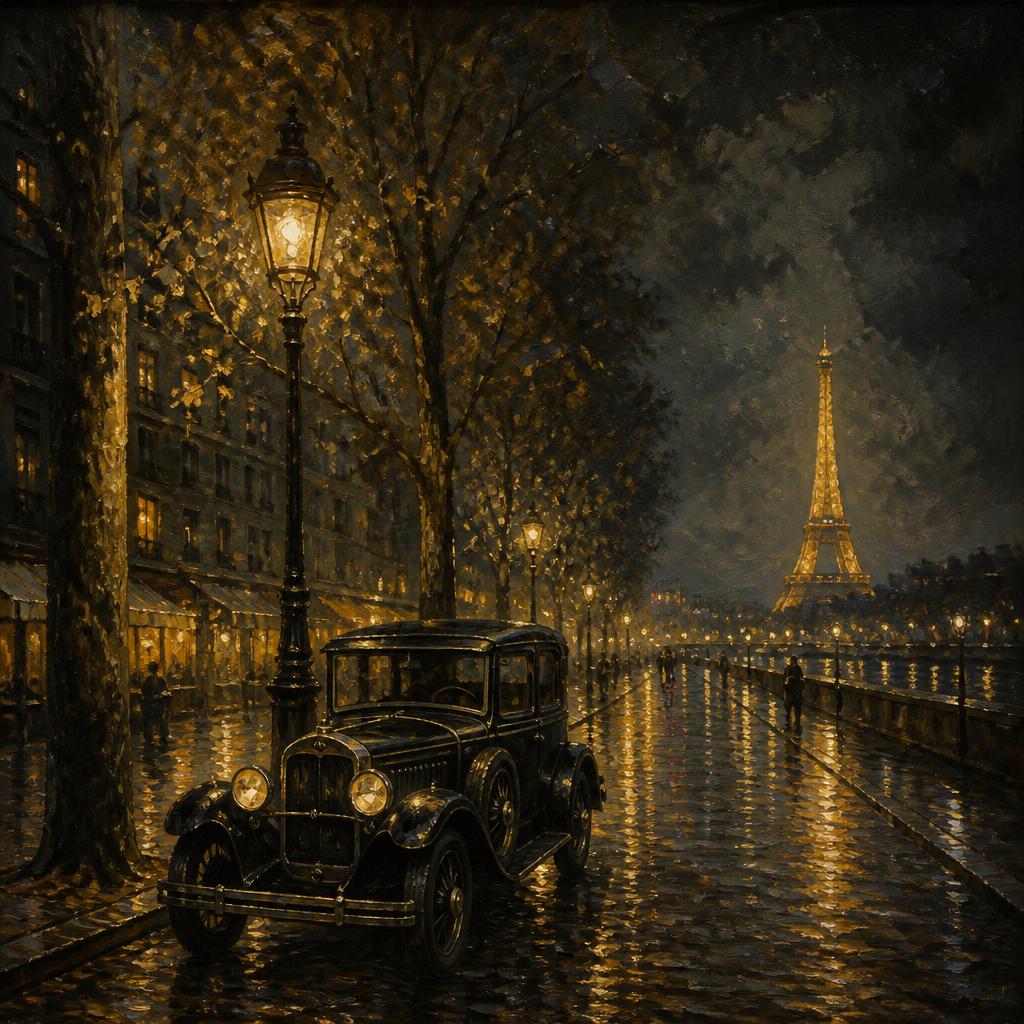 AI-generated travel illustration inspired by Midnight in Paris and its destination