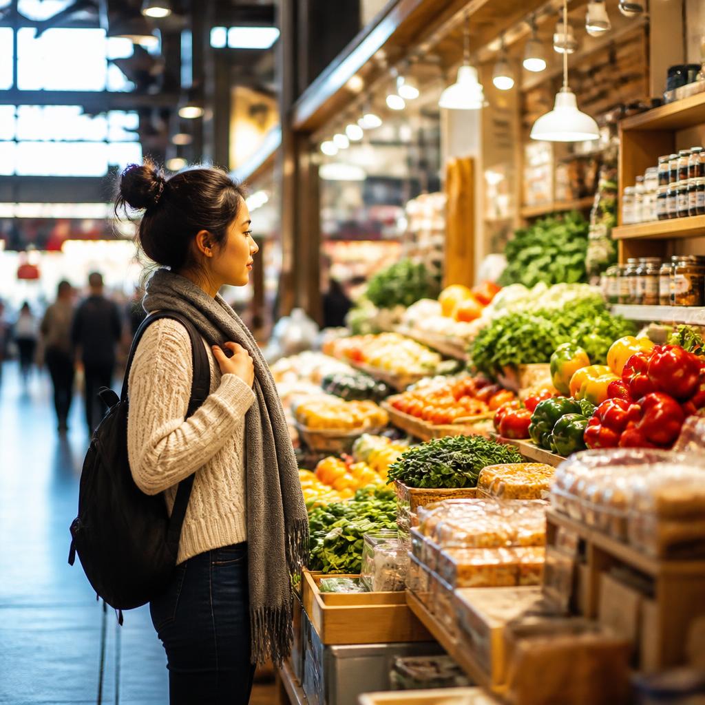 Solo traveller browsing colourful stalls at Granville Island Public Market