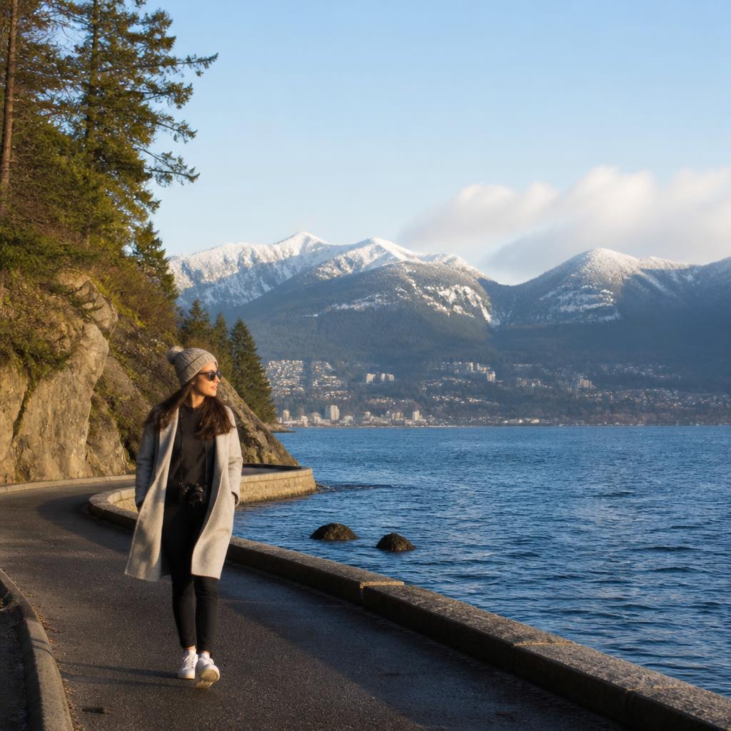 Solo traveller walking the Stanley Park seawall with snow-capped mountains across the water