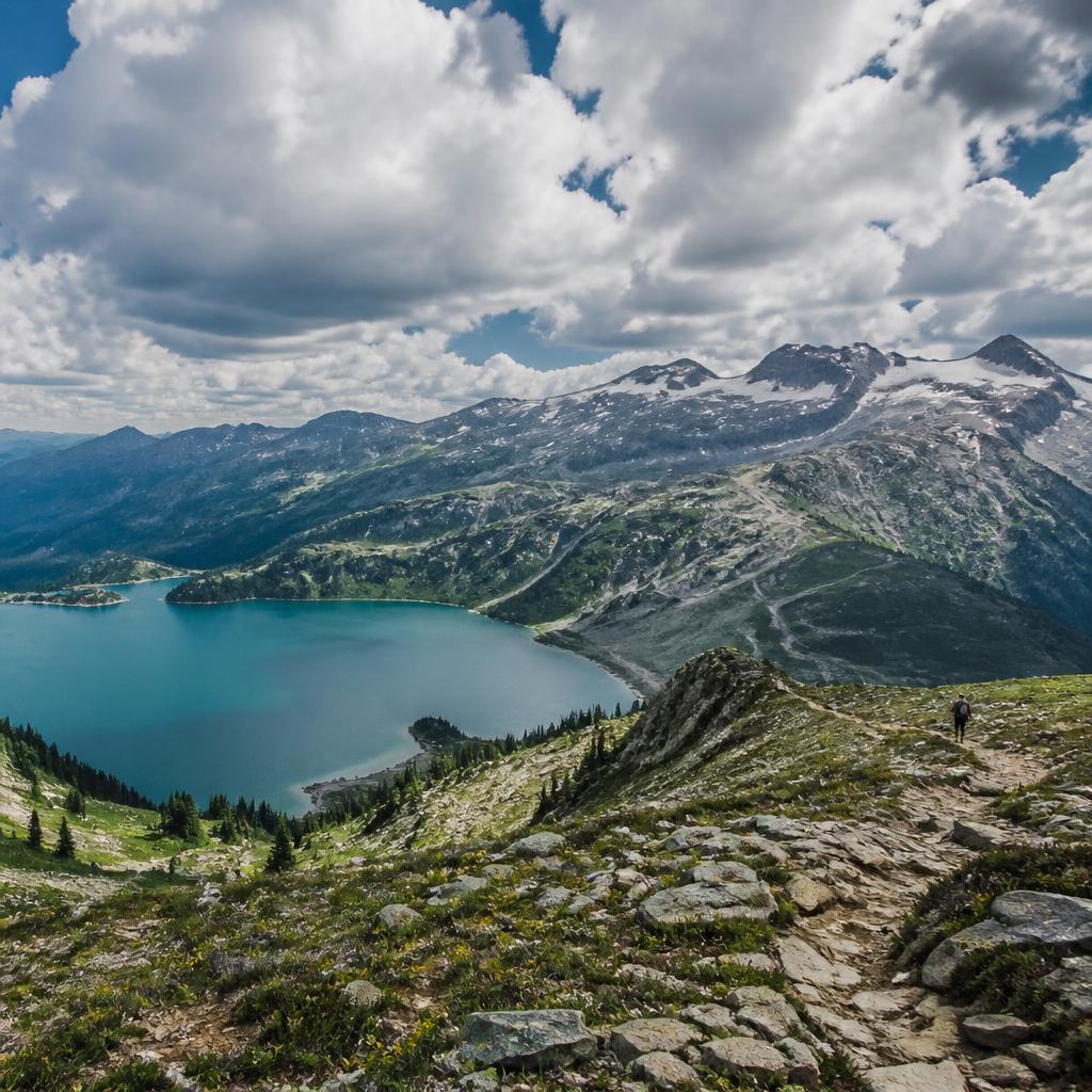 Turquoise alpine lake and rocky peaks seen from a hiking trail above Whistler