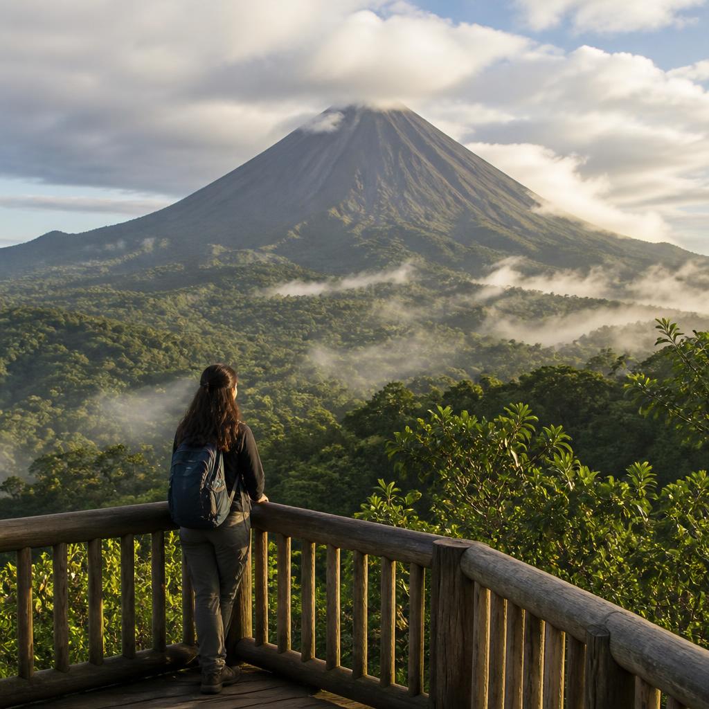 Solo traveller on a wooden observation deck looking at Arenal Volcano above rainforest