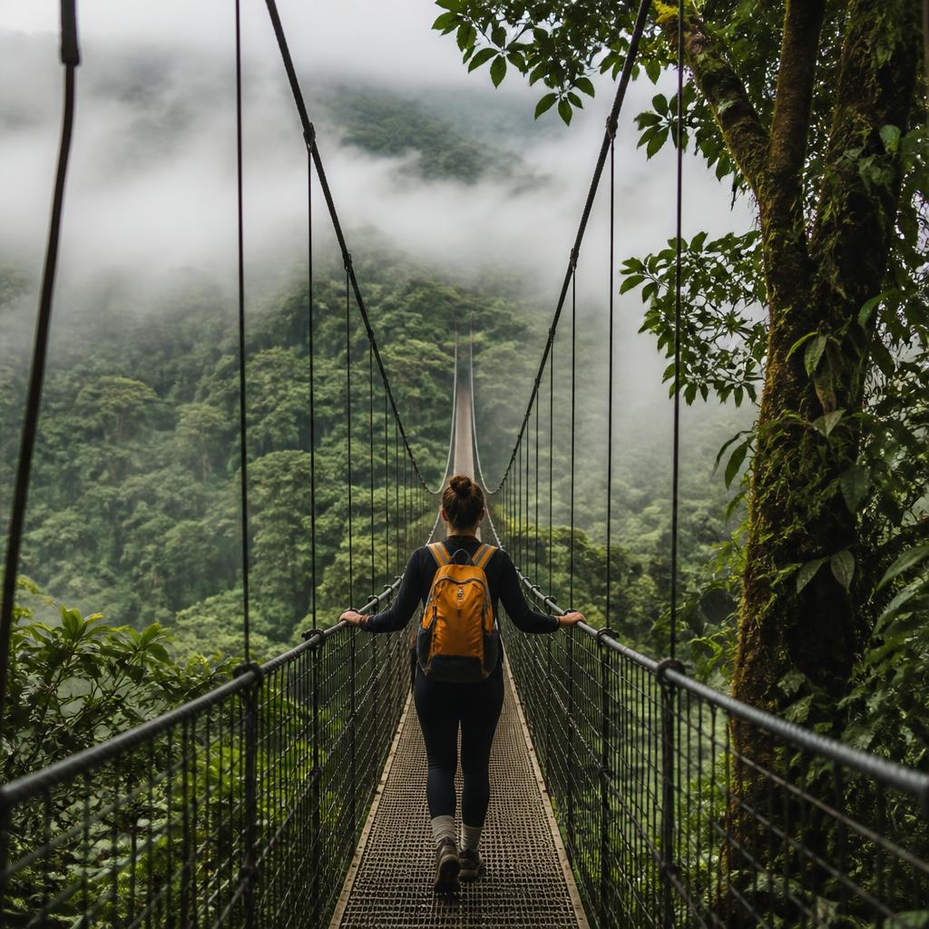 Solo traveller crossing a hanging bridge high above the Costa Rican cloud forest