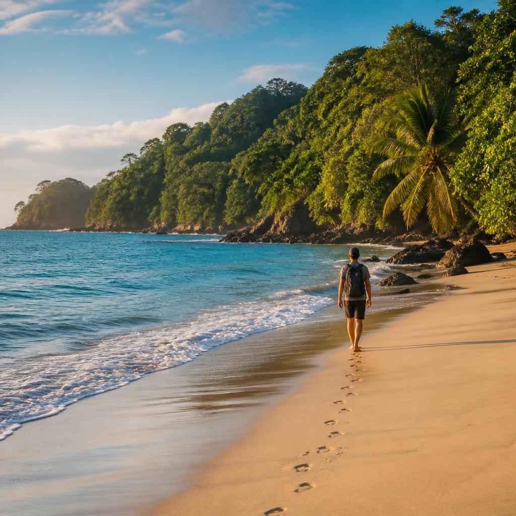 Solo traveller walking a sandy beach where jungle meets the turquoise Pacific