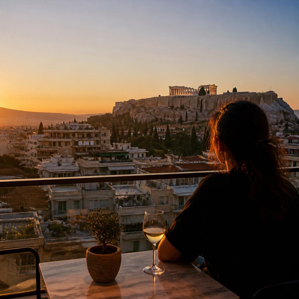 Solo traveller watching the Acropolis glow at sunset from a rooftop café terrace