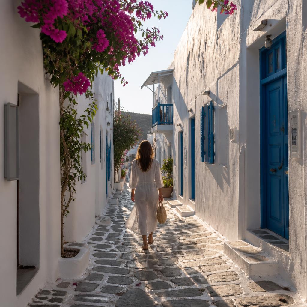 Solo woman walking a narrow cobblestone alley between white walls and blue doors