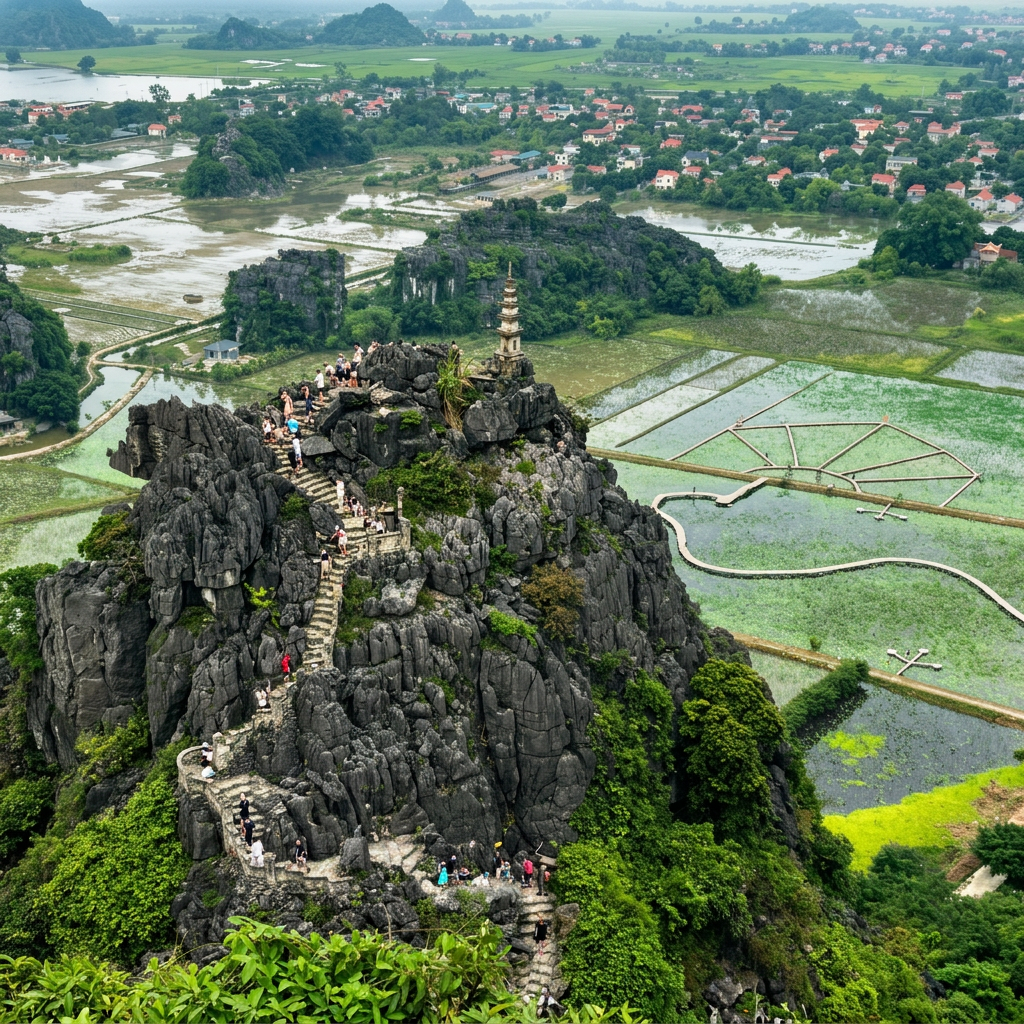 View from Hang Múa over Ninh Bình's river, rice paddies and limestone peaks